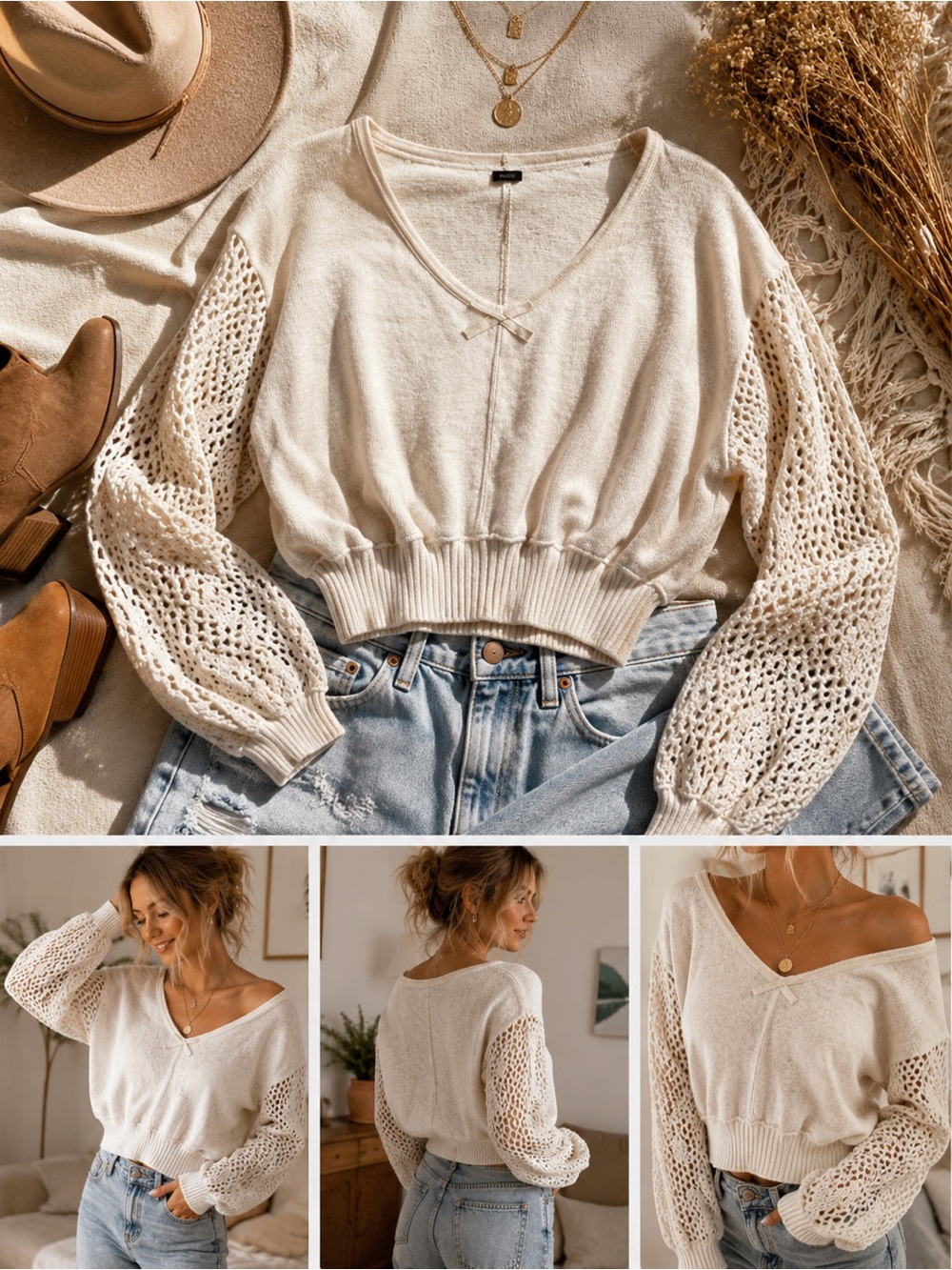 Free People Cream V-Neck Sweatshirt Crochet Lace Long Balloon Sleeves Size Small - Picture 2 of 16